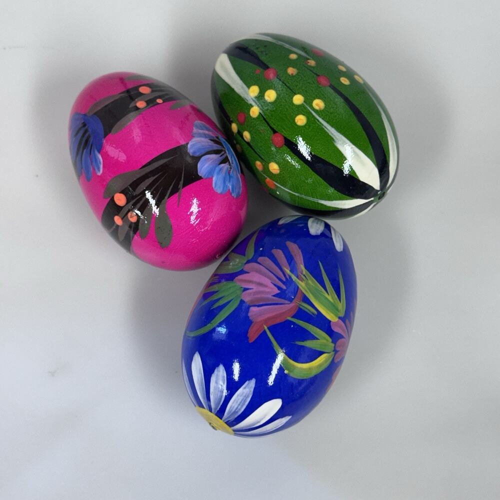 Lot Of 3 Easter Eggs Hand Painted Wooden Blue, Green & Pink 2.25”